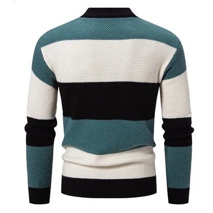 Men's Knitted Mock Neck Jumper with Colourblock Pattern