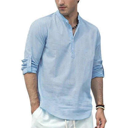 Men's Grandad Collar Long Sleeve Shirt with Button Placket
