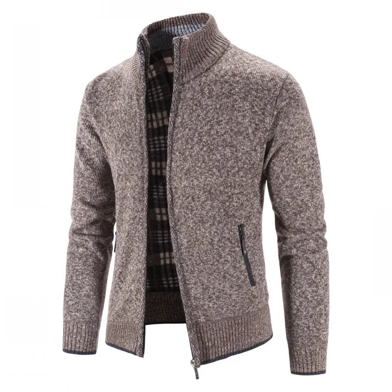 Men's Knitted Zip Cardigan with High Neck and Pockets