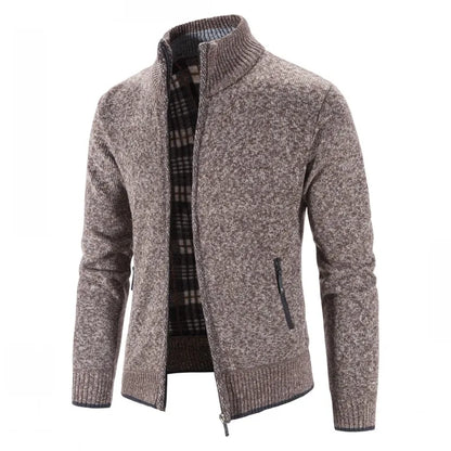 Men's Knitted Zip Cardigan with High Neck and Pockets