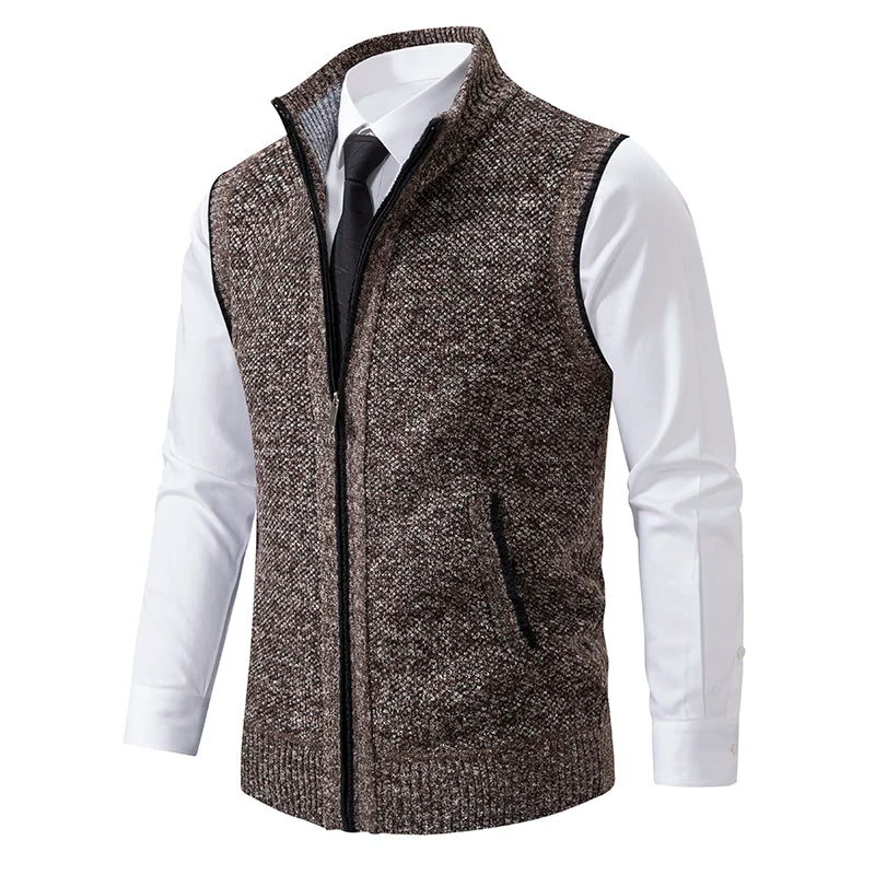 Men's Knitted Gilet with Full Zip and Stand Collar