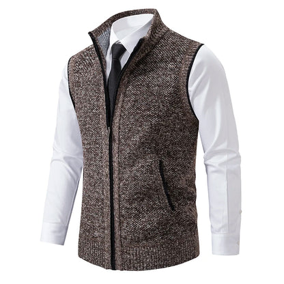 Men's Knitted Gilet with Full Zip and Stand Collar