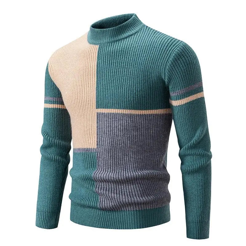 Men's Colour Block Knit Jumper with High Neck and Long Sleeves