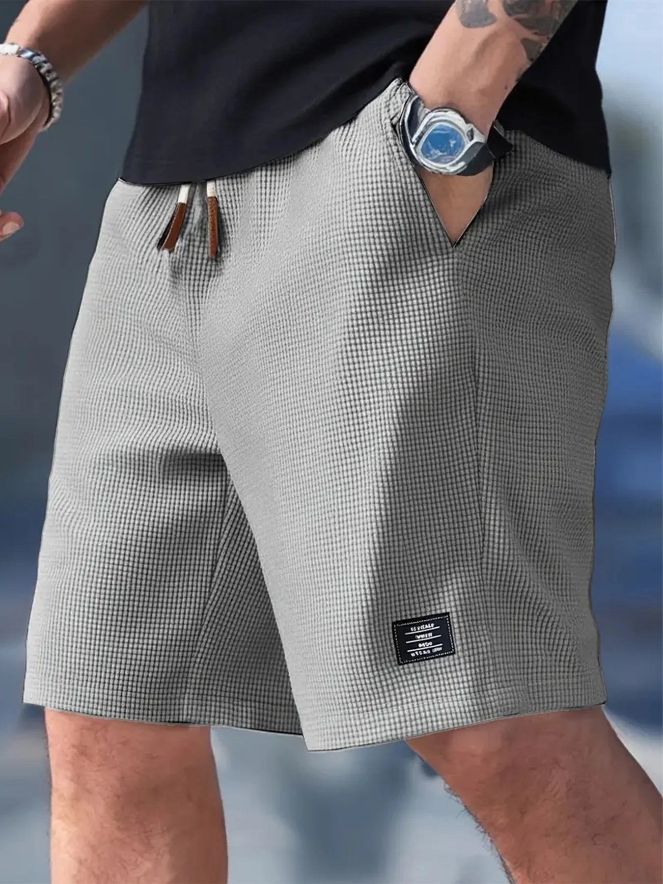 Men's Textured Shorts with Drawstring Waist and Pockets