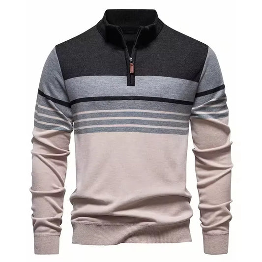 Men's Quarter Zip Knitted Sweater – Striped Long Sleeve Jumper with Stand Collar