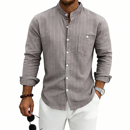Men's Long Sleeve Grandad Collar Shirt with Chest Pocket