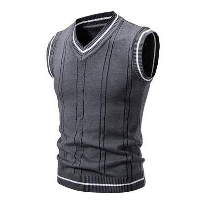 Men's Knitted V Neck Tank Top with Cable Knit Detail