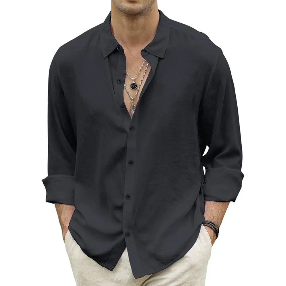 Men's Long Sleeve Casual Shirt with Open Collar