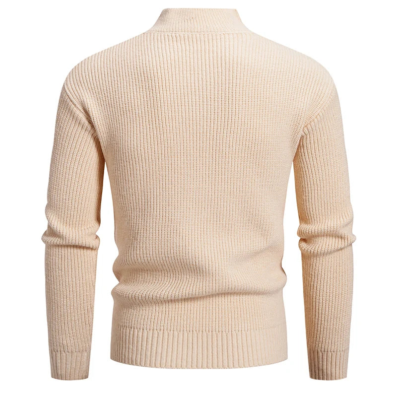 Men's Ribbed Knit Jumper with High Neck Button Placket