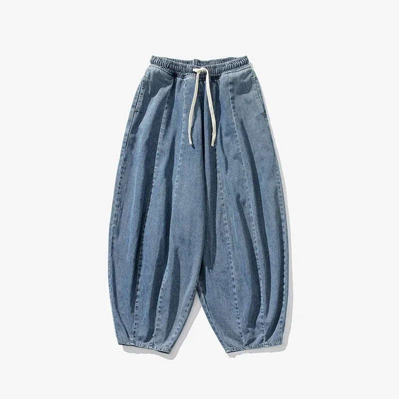 Men's Loose Fit Denim Harem Trousers with Drawstring Waist