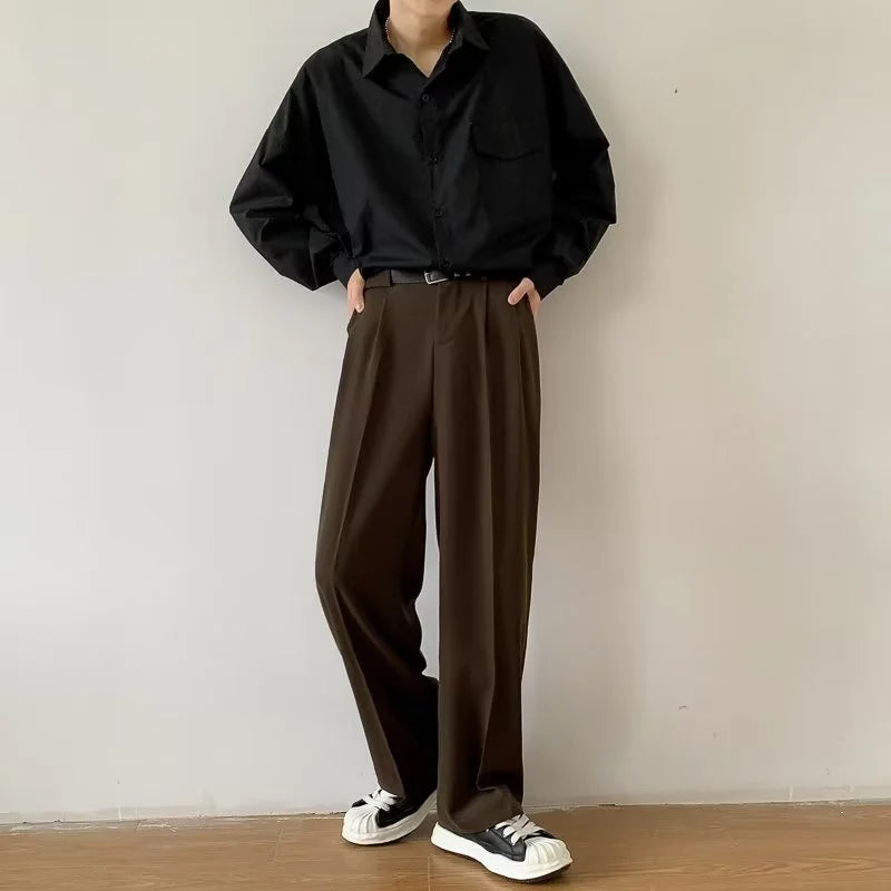 Men's Wide Leg Pleated Trousers with Side Pockets