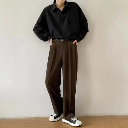 Men's Wide Leg Pleated Trousers with Side Pockets