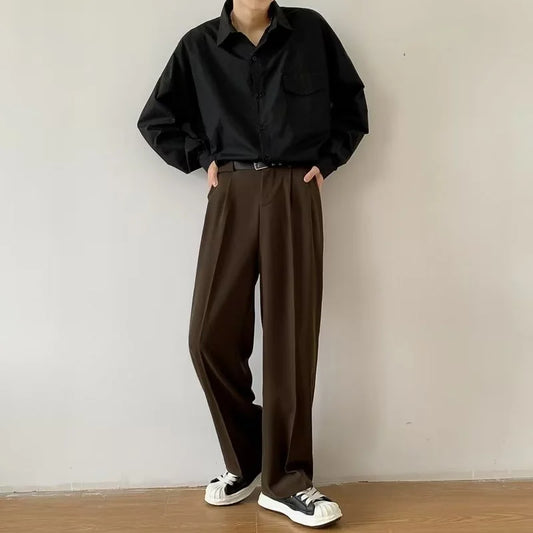 Men's Wide Leg Pleated Trousers with Side Pockets