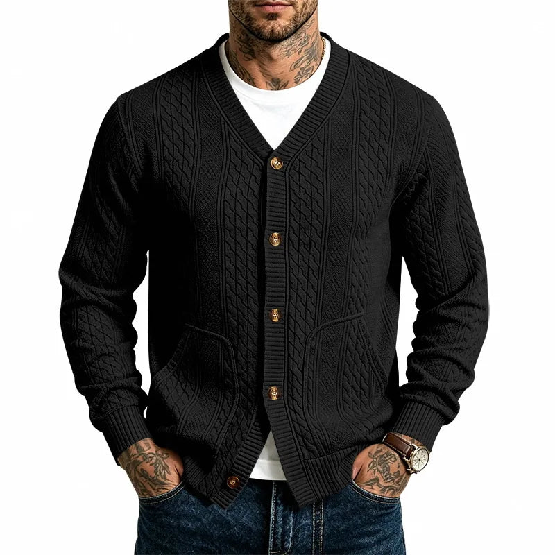 Men's Cable Knit Cardigan with V-Neck and Button Front