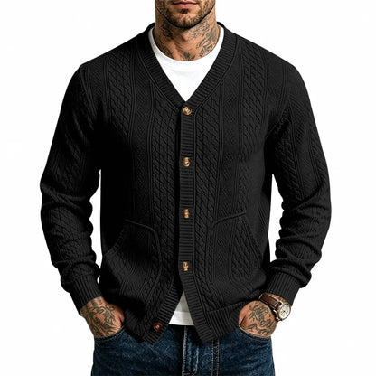 Men's Cable Knit Cardigan with V-Neck and Button Front