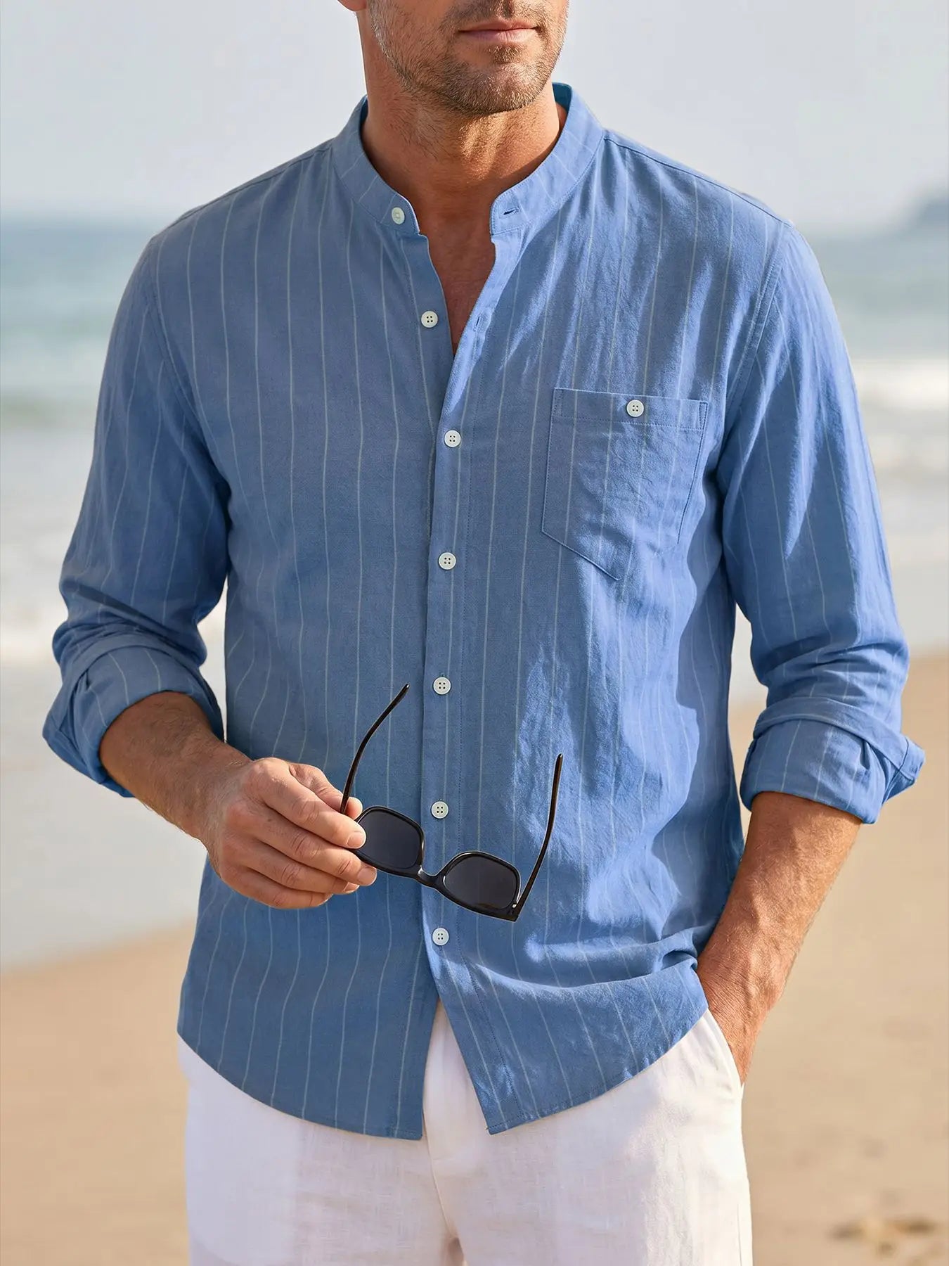 Men's Long Sleeve Grandad Collar Shirt with Chest Pocket