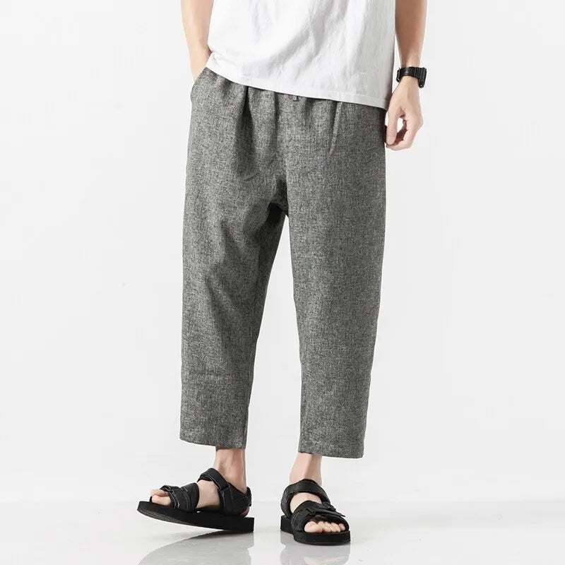 Men's Loose Fit Cropped Trousers with Drawstring Waist