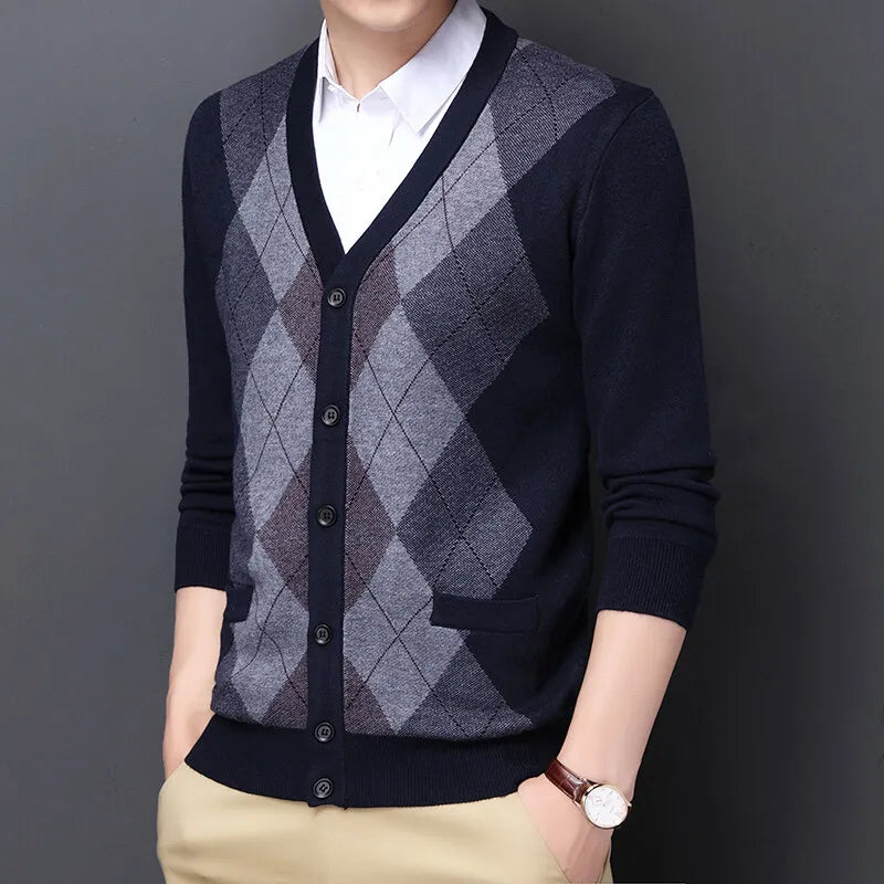 Men's Argyle Knit Cardigan with Button Front and V-Neck