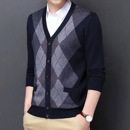 Men's Argyle Knit Cardigan with Button Front and V-Neck