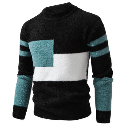 Men's Geometric Knit Jumper with Crew Neck Block Pattern