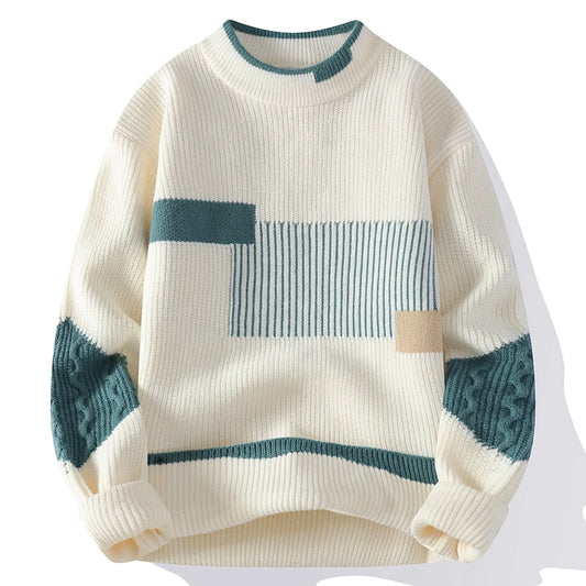 Men's Knitted Crew Neck Jumper with Geometric Colourblock Pattern