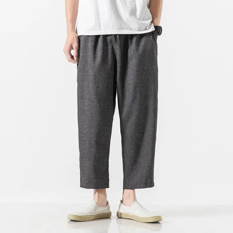 Men's Loose Fit Cropped Trousers with Drawstring Waist