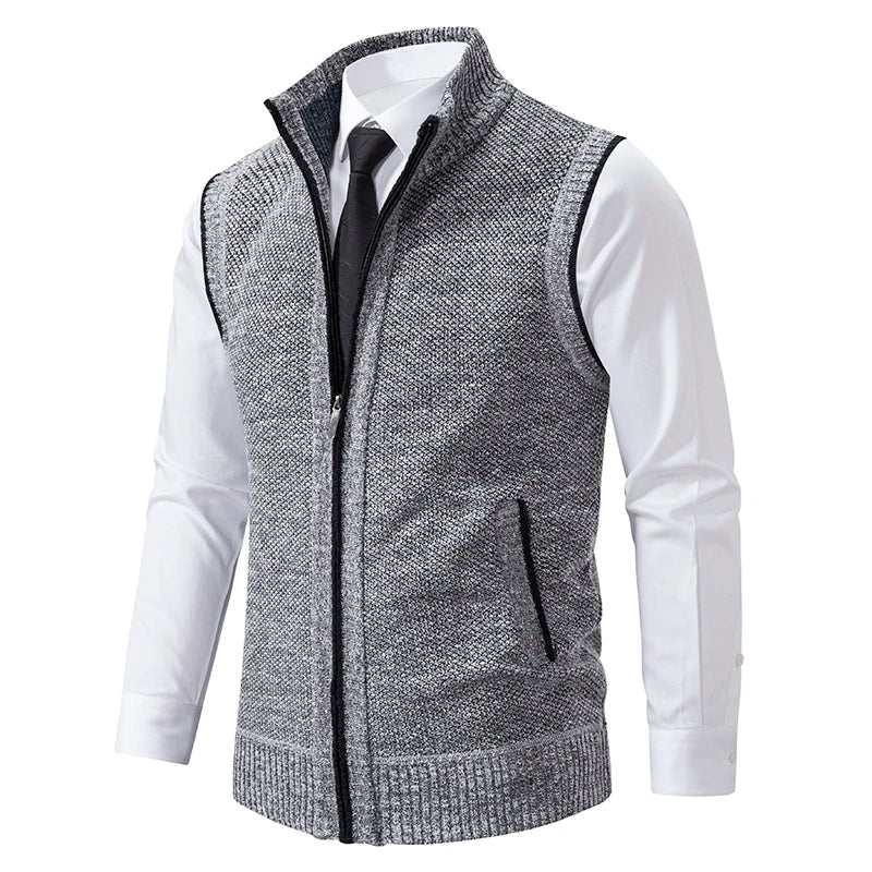 Men's Knitted Gilet with Full Zip and Stand Collar