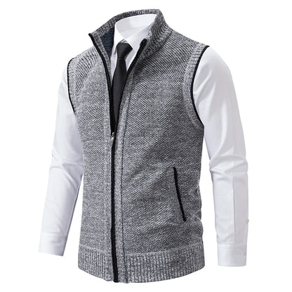 Men's Knitted Gilet with Full Zip and Stand Collar