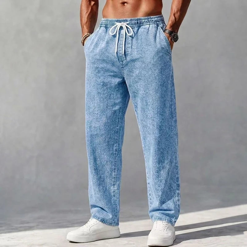 Men's Denim Trousers Loose Fit Drawstring Waist Straight Leg