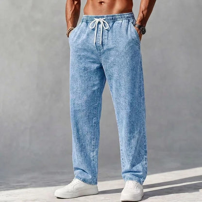 Men's Denim Trousers Loose Fit Drawstring Waist Straight Leg