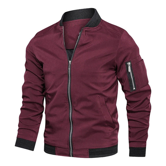 Men's Full Zip Bomber Jacket – Ribbed Collar Long Sleeve Utility Pocket