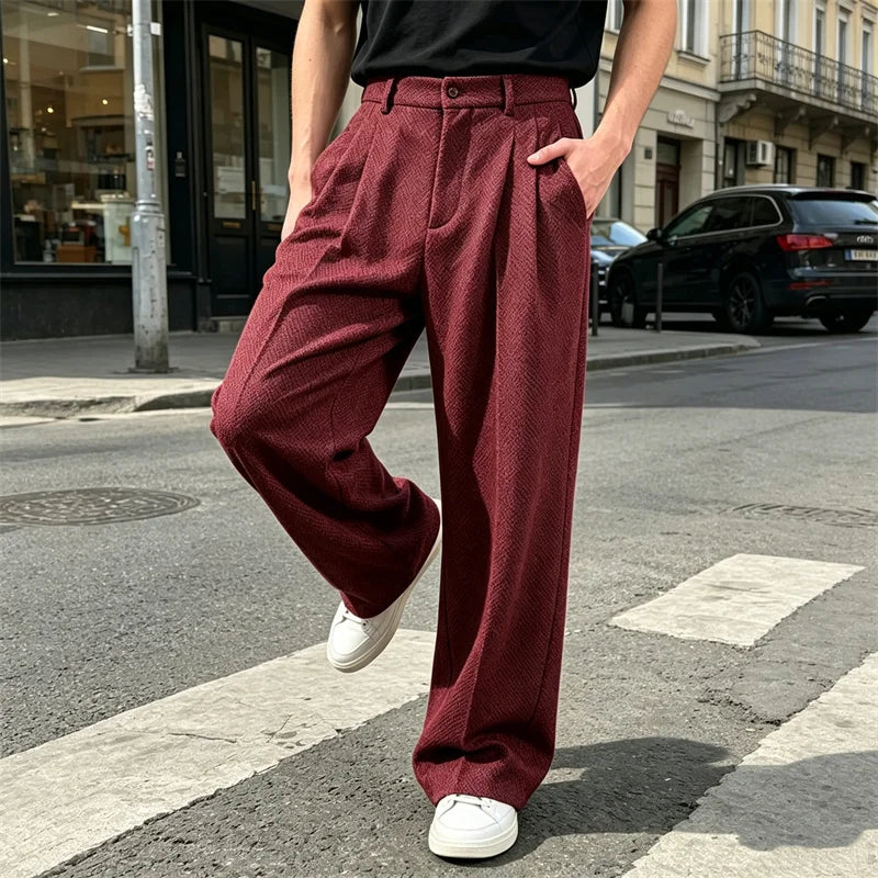 Men's Wide Leg Trousers with Pleated Front and Pockets