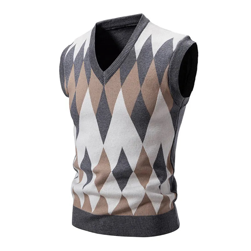 Men's Argyle Knit Sweater Vest with V-Neck Pattern