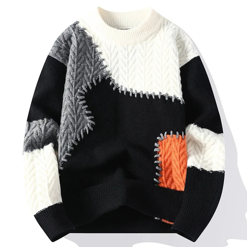 Men's Knitted Crew Neck Jumper with Patchwork Colourblock Design