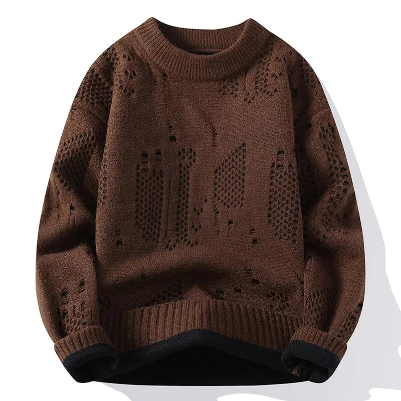Men's Openwork Knit Jumper with Crew Neck Pattern Details