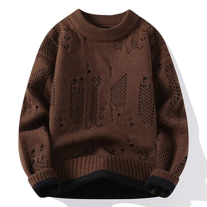 Men's Openwork Knit Jumper with Crew Neck Pattern Details