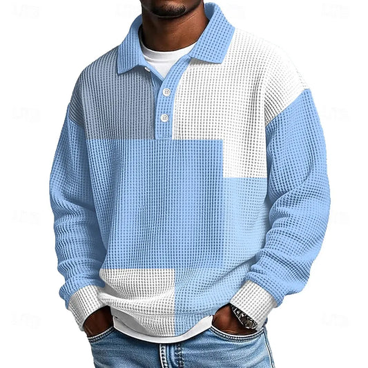Men's Knitted Polo Jumper – Long Sleeve Colour Block Pullover with Button Placket