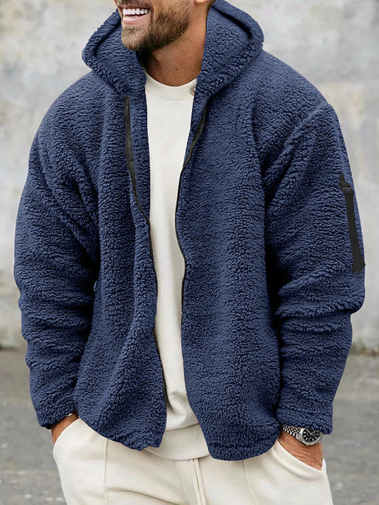 Men's Full Zip Hooded Fleece Jacket – Warm Winter Coat with Long Sleeves and Side Pockets