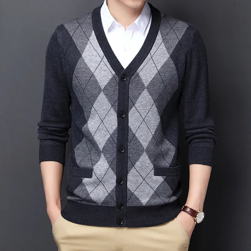 Men's Argyle Knit Cardigan with Button Front and V-Neck