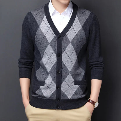 Men's Argyle Knit Cardigan with Button Front and V-Neck