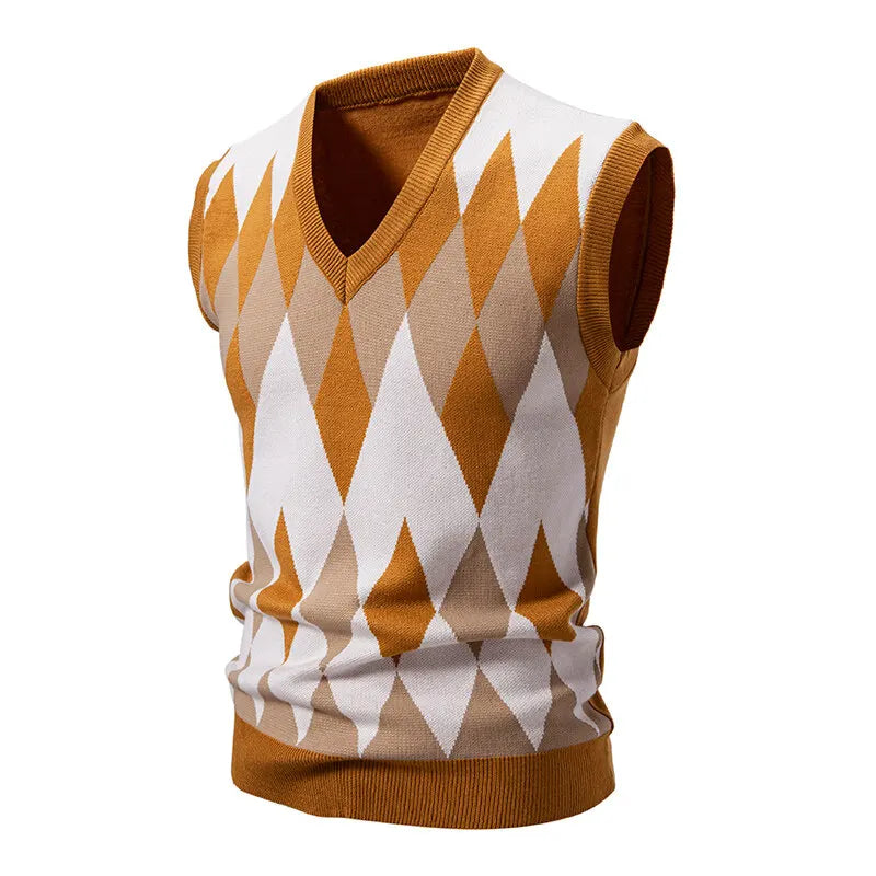 Men's Argyle Knit Sweater Vest with V-Neck Pattern