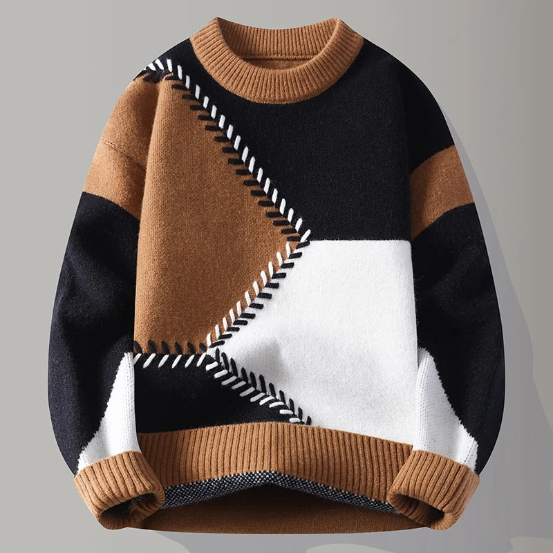 Men's Colour Block Knit Jumper with Crew Neck Geometric Design