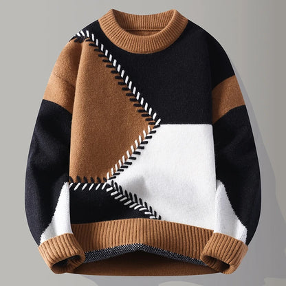 Men's Colour Block Knit Jumper with Crew Neck Geometric Design
