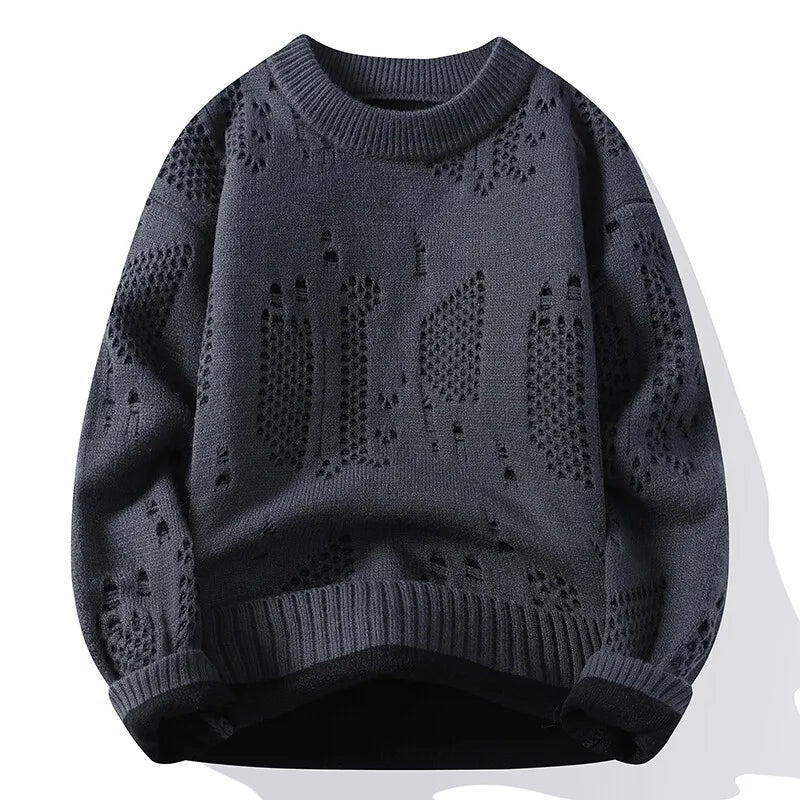 Men's Openwork Knit Jumper with Crew Neck Pattern Details