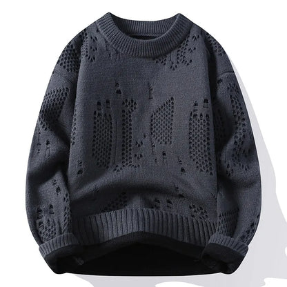 Men's Openwork Knit Jumper with Crew Neck Pattern Details