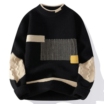 Men's Knitted Crew Neck Jumper with Geometric Colourblock Pattern