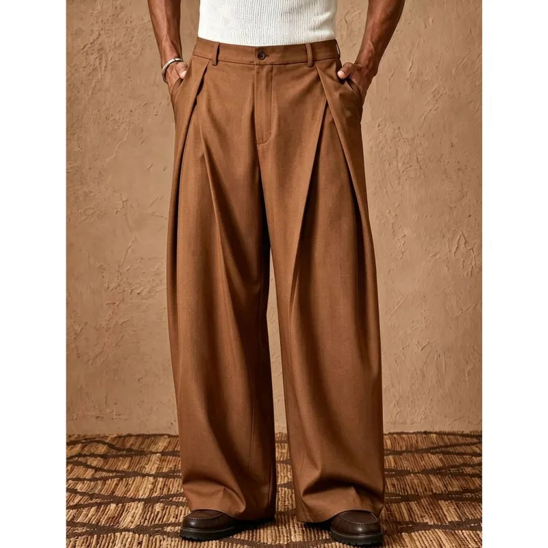 Men's Wide Leg Pleated Trousers with Elasticated Waist