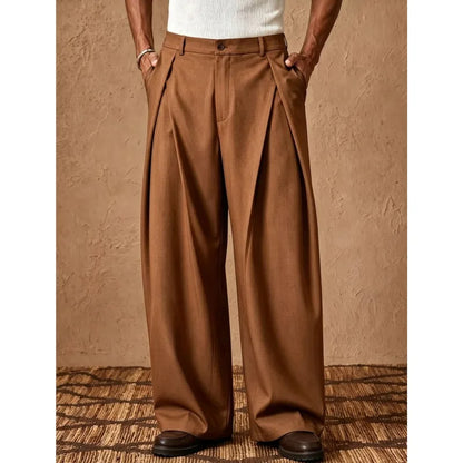Men's Wide Leg Pleated Trousers with Elasticated Waist