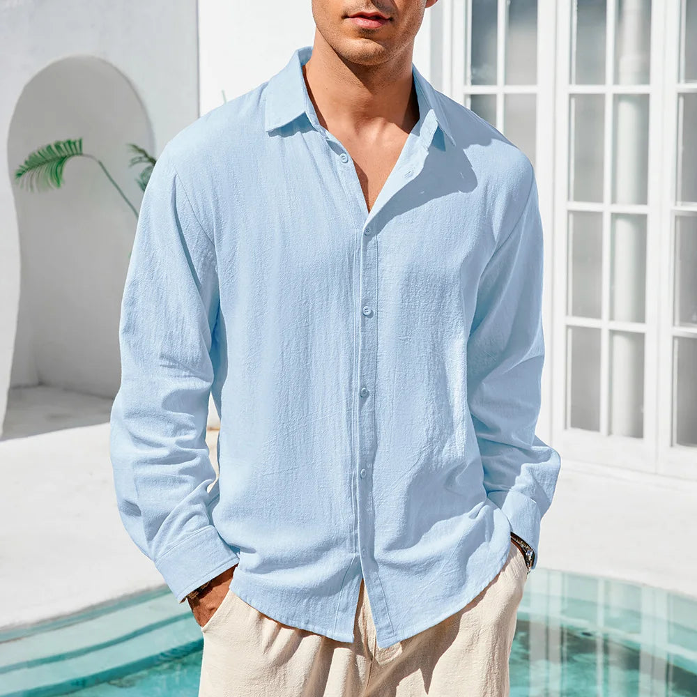 Men's Long Sleeve Linen Look Shirt with Open Collar