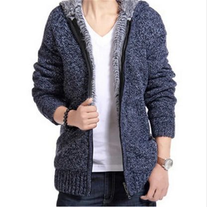 Men's Knitted Hooded Cardigan with Full Zip and Pockets